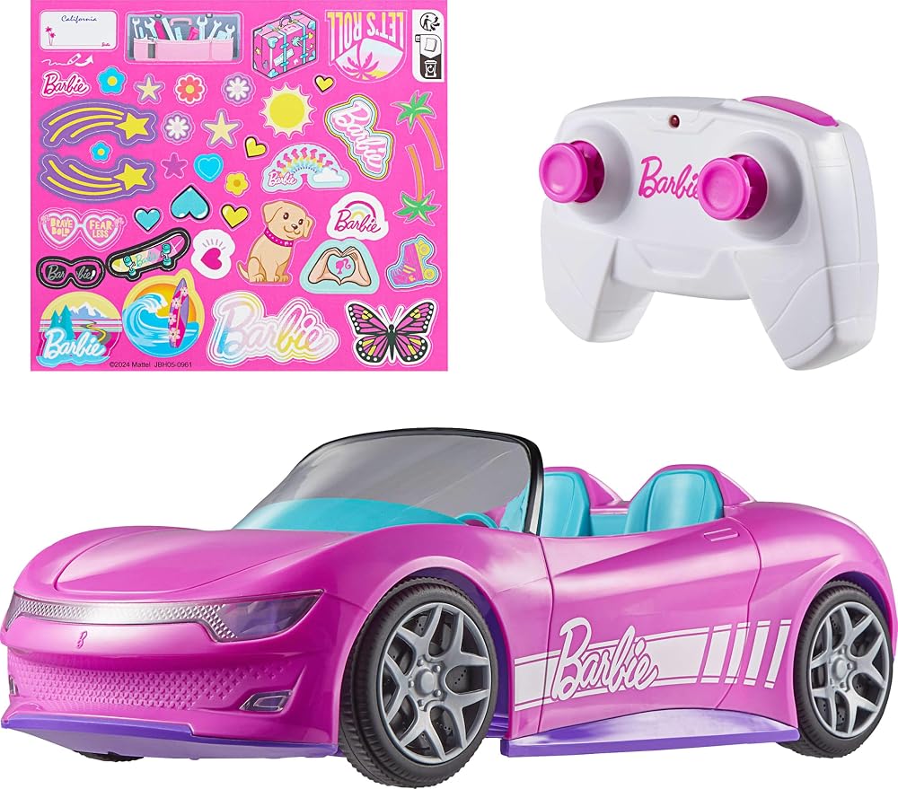 Hot Wheels Barbie Cabrio RC Pembe Uzaktan Kumandalı Araba, Çıkartma Dahildir, İki Bebek ve Açılabilir Bagaj için Koltuk, Çocuk Oyuncağı, 4 Yaş, JBH05