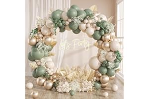 Frigg Kit Arche Ballon Vert Sauge, 108pcs Ballon Anniversaire Sable Blanc et Champagne Gold, Guirlande Ballons Olive Vert pour Decoration Anniversaire Garçon Fille, Mariage, Bapteme, Baby Shower