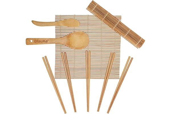 BlauKe® Kit de fabrication de sushis - 2 tapis à rouler en bambou, 5 paires de baguettes, pagaie de riz, épandeur - Kit de fabrication de sushis pour débutants avec tapis à rouleau et accessoires