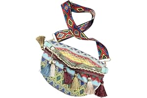 CHIPKART Ethnic Style Waist Bag with Adjustable Strap for Women, Variegated Color Fanny Pack with Fringe Decor Casual Crossbody Chest Bags (Blue)