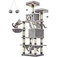 FEANDREA Cat Tree, 168 cm Large Cat Tower with 13 Scratching Posts, 1 Scratching Ramp, 2 Perches, 2 Caves, Basket, Hammock, Pompoms, Multi-Level Plush Cat Condo for Indoor Cats, Light Grey