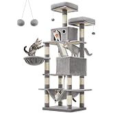 Feandrea tırmalama ağacı, b&uuml;y&uuml;k, 168 cm y&uuml;ksekliğinde, L kedi ağacı, 13 tırmalama s&uuml;tunu, 2 platform, 2 mağara, sepet, hamak,