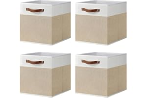 ArcaGuru Storage Cube Bins, Foldable Fabric Organizer Bins Storage Cubes Baskets Box Drawers for Shelves, Closet, Wardrobe, Bookshelf, 33 x 33 x 33cm, 4 Pack, White/Khaki