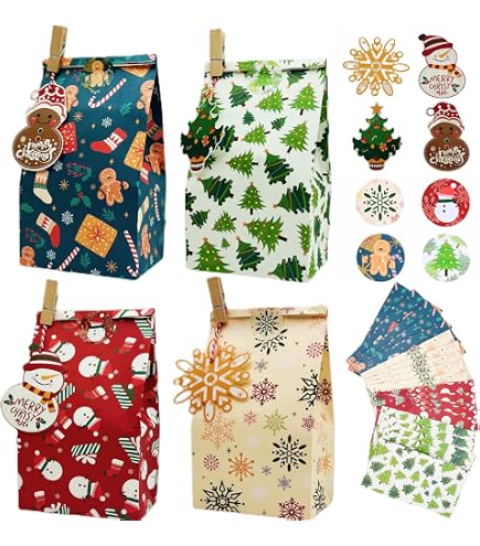 24 Pzi Sacchetti Regalo di Natale, Scatole di Caramelle Regalo di Natale, Sacchetti Regalo Natalizi in Carta Kraft, Scatole Natale Biscotti per Regali Cioccolato Caramelle Deco | 12 * 7,5 * 18,5 cm