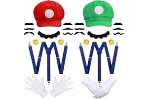 iZoeL Mario/Luigi Bros Chapeau Costume Mario Villain Bros Deguisement Halloween Accessoires Gants Mustaches - Costume Halloween/Carnaval/Cosplay pour Enfant Homme Femme