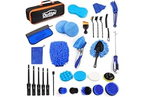 Outigu Kit de limpieza de coche de 31 piezas, cepillo de detalles de coche, cepillo de taladro, juego de lavado de coche, cepillo de rueda de coche, cepillo de eliminación de polvo para interior y
