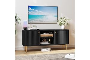 HOLTICO TV Stand Cabinet 55 Inch, Fluted Modern Wooden TV Console Unit with Storage and 2 Doors, Black Cabinets for 55/60/65 Inch Television, TV Tables for Living Room, Bedroom
