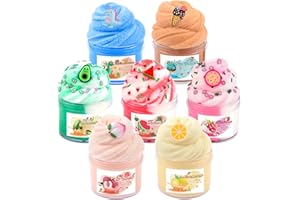 BRETOHAY 7 Pack Mini Cloud Slime Kit,With Peach Watermelon Avocado Dinosaur Slimes Charms Set,Fluffy Slime for Girls and Boys,Stress Relief Toy for Kids Education,Party Favor,Gift and Birthday