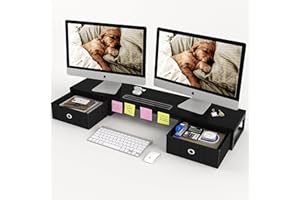 Dual Monitor Stand Riser with 2 Drawers - 100 cm Large Storage Computer Monitor Stand for 2 Monitors, Wooden Desktop Organiser Perfect for Home Office Desk, Computer, Laptop, TV, Black