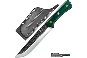 FULLHI Cuchillo Deshuesador de Acero al Carbono con Mango de Madera y Funda, Cuchillo de Cocina para Deshuesar, Pescar, Acampar, Barbacoa, etc. (Verde, 18cm)