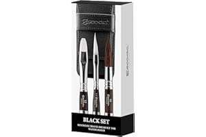 ESCODA Set 3 Pinceles Acuarela - Black Set Viaje N.16,1/4",12 Redondo Punta Espada Carrado Pelo Sintético Serie Versàtil Perla Estuche Tela Profesional Fabricado a Mano en España.