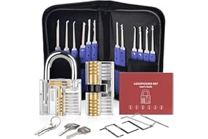 Diyife Kit de Crochetage Serrure 26 Pièces, Lock Picking Kit Outils de D’entraînement avec 2 Serrure Transparente, Poignée en Silicone Bleue Confortable, pour Serruriers Débutant et Pro