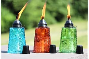 Seraphic Table Top Citronella Burner Torches for Outdoor Patio, 16oz Decorative Glass Tiki Torch Citronella Lamp Candles for Outside Deck, Garden, Parties, Set of 3, Blue/Amber/Green