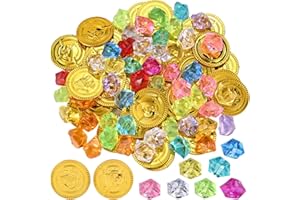 GOLDGE 100 Stück Goldmünzen Piratenschatz Set mit 50 Goldmünzen Kinder und 50 Piraten Edelsteine Perfekt für Piraten Deko Kindergeburtstag, Schatzkiste Kindergeburtstag