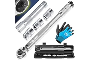 MASKO® Drehmomentschlüssel 6tlg. Set 40-210Nm 1/2' CV inkl. 3 Stecknüsse 17mm 19mm 21mm & Verlängerung 125mm Montagehandschuhe Koffer +/- 4% Toleranz Reifenschlüssel Auto Drehmoment-Schlüssel, Silber