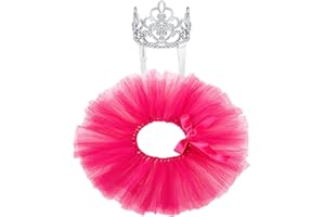 HILLBAN 2 Pcs Dog Crown Headband Dog Tutu Dress Set Crystal Rhinestone Dog Tiara Crown Tutu Skirt Dog Dress Cute Pet Costume for Puppy Dog Birthday Party Wedding Photo Prop Costume (Rose Red,Large)