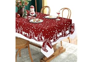 ‎YRENDENGE Yrendenge Weihnachtstischdecke Rot Tischdecke Abwaschbar Outdoor Tischtuch Rechteckig wasserdichte, Cartoon Häuser Baum Elch Tablecloth für Winter Ferien Wohnkultur, 140 x 240 cm