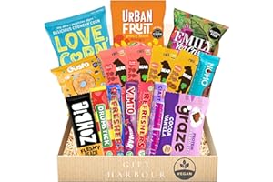 GIFT HARBOUR Vegan Gift Hamper with Vegan Chocolate & Snacks - Food Gifts for Men & Women - Vegan Chocolate, Graze Oat Bars, Love Corn Snack, Emily Vegetable Crisps, Sweets & Urban Fruit Treats