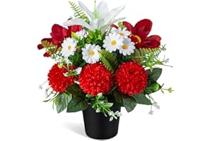 SIFOEL Fleurs de cimetière artificielles en pot, chrysanthèmes artificiels avec pot, fleurs funéraires pour cimetière, décoration de tombe (1 pièce, blanc et rouge)