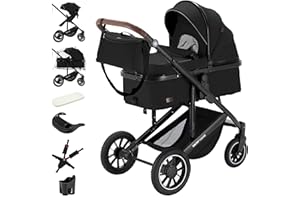 Daliya® FLEXI-PRO M 2in1 Kombikinderwagen & Buggy – XXL-Set, Reise-Kinderwagen mit Einhand-Abnahme, Wetterschutz, Sportsitz, Wickeltasche, Spieltisch, Regenschutz, dicke Matratze (Schwarz Uni)