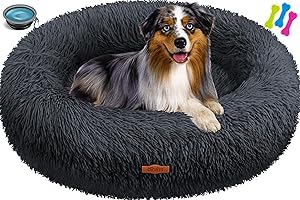 Lovpet® Dog Bed, Dog Cushion, Cat Bed, Bagel, Washable, includes Bowl and 3 x Chew Bones, Dog Sofa Fluffy Cushion Round Plush for Small, Medium and Large Dogs, Cats (XL, Diameter 70 cm, Anthracite)