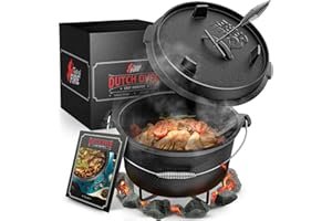 AMANDI BBQ Dutch Oven [Das Original] - 7,4 Liter Dutch Oven Set mit Topfständer & 1,8 Liter Deckel mit Doppelfunktion zusätzlich als Grillpfanne nutzbar – inkl. Deckelheber und E-Book
