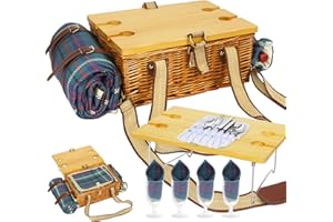 HYBDAMAI Picknickkorb-Set mit Klapptisch und Besteck-Set, Picknickkorb für 4 Personen mit kühltaschen, Flechtkorb mit Henkel, Weidenkorb Geschenkset für Picknick Camping Outdoor Party
