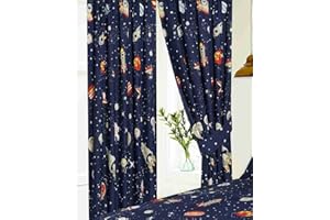 Kidz Kollectionz 66" x 72" Space Curtains With Tie Backs, Pencil Pleat, Novelty Kids Galaxy Stars Planets Alien Spaceship Moon, Navy Blue Orange Yellow Grey White