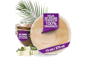Waipur 25 Cuencos Desechables de Hoja de Palma Ecológicos - 13 cm/ 275 ml - Vajilla Orgánica Elegante - Estable, Natural y Biodegradable - Boles Descartable - similar al Bambu - Estilo Madera