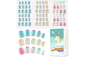 Allstarry 72 Pezzi Unghie Finte Bambina, 3 Scatola Unghie Finte Adesive Kit Unghie Bambina Unghie Corte Full Coverda Unghie Adesive per Bambine Regali di Natale Feste Pigiama Party - Rainbow Glitter