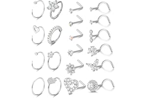 Adramata 20Pcs 20G Nez Anneau Nez Stud Acier Chirurgical Piercing de Nez Anneaux Nez Hoop Anneaux de Lèvres Anneaux de Septum CZ Anneaux de Nez Argent Or Noir pour Femmes Hommes
