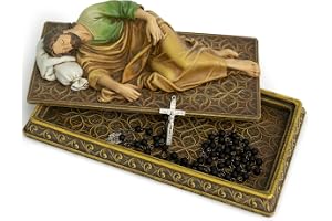 BC katolsk sovande St. Joseph staty, med fodralbas, beskyddare helgon religiös figur gåva, hållare för radband, inspirerande