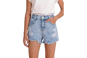 SEAUR Flickor denim shorts rippade jeans elastisk midja varma korta sommarbyxor lösa vardagliga med fickor 5-14 år