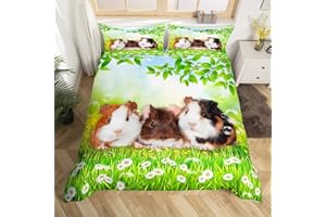 MANFEI Nette Meerschweinchen Kinder Bettbezug Set S Größe,Cartoon Tiere Haustiere Kleinkind Bettwäsche Set,Jungen Mädchen Erwachsene,Daisy Blumen Blätter Sommer Tröster Abdeckung,Romantische Quilt Cover