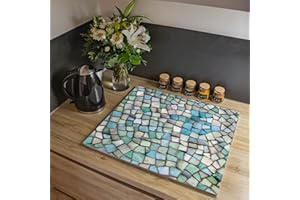 banjado Herdabdeckplatte Glas einteilig 60x52cm - Schneidebrett Herdabdeckung - Herdabdeckplatten Ceranfeld - Schneidebrett Glas - Motiv Mosaik Blau