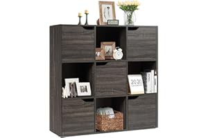 GOPLUS Librería 9 Casas, Estante de Almacenamiento 9 Compartimentos 5 Puertas, Mueble de Almacenamiento, Diseño y Moderno, para Oficina, Salón, Dormitorio, Estudio, 90 x 29 x 90 cm, Marrón