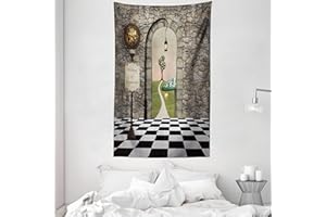 ABAKUHAUS Alicia Tapiz de Pared y Cubrecama Suave, Bienvenido al País de Las Maravillas Piso Blanco y Negro Paisaje Hongos Faroles, Resistente a la Suciedad, 140 x 230 cm, Multicolor