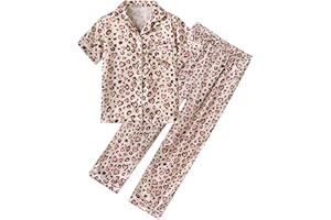 Fanient Girls Silk Pyjamas Set Colorful Printed Sleepwear Button-Down Pjs Short Sleeve Satin Nightwear for Girl 7-14 Years