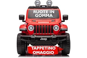 MONDIAL TOYS Jeep Wrangler Rubicon 12V Macchina Elettrica per Bambini 2 Posti con Telecomando Ruote in Gomma EVA Sedile in Pelle Porte Apribili Luci LED Suoni Bluetooth USB Auto Cavalcabile Full Optional Rosso