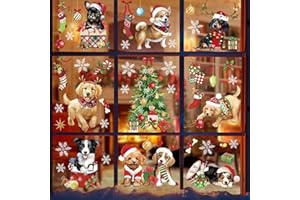 wondever Christmas Dog Puppy Window Clings Pet Dogs Christmas Tree Glass Sticker Decal Anti Collision Double-Side Static Window Decals for Glass Window Christmas Party