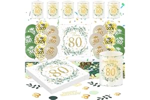 HAPPLIOPLAY Deko 80. Geburtstag Frau Mann, Eukalyptus 80th Happy Birthday Decorations Servietten+Windlicht Tischdeko+Konfetti+Luftballon Grüne Gold, 80 Geburtstag Deko Männer Frauen (80th Birthday Tischdeko)