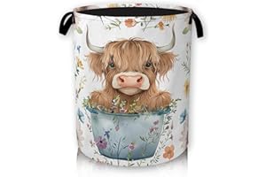 HUSITI Highland Cow Flower Laundry Basket, Foldable Laundry Basket Storage Sorter with Handle,Round Washing Storage for Bedroom, Bathroom, College Dorm 66L