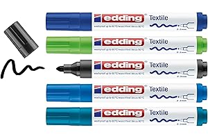 edding 4500 textile marker - black, 3x blue, green - 5 pens - round nib 2-3 mm - permanent fabric markers for drawing on textiles, wash-resistant up to 60°C - marker pens for fabric lettering
