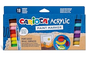 CARIOCA Rotulador Acrílicos | Caja de 18 rotuladores permanentes | Punta Pincel | Apto para todas las superficies y alta opacidad | Base de Agua | 18 colores