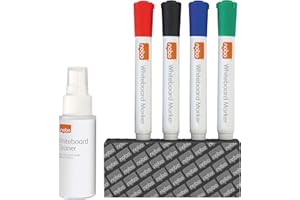 Nobo, Set 6 pezzi accessori per lavagne bianche, Kit per pulizia e cura della lavagna, Confezione da 4 pennarelli cancellabili a secco, Cancellino, Spray pulizia da 50ml, Colori assortiti, 1903798