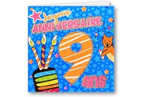 Editions Cely Carte Anniversaire 9 ans - format carnet 15x15 avec texte - Encre Fluorescente et Paillettes Étincelantes - Fêtez Chaque Année avec Éclat ! (9 ans)