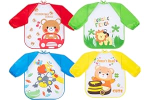 Karids Bavaglini con Maniche e Polsini Elastici -Neonato Pappa Svezzamento Maniche Bavette Plastificate Bavaglino impermeabili e senza macchie per bambini Bavaglini unisex con maniche | 4 Confezioni