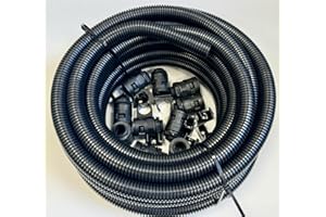 TEW Black 20mm Flexible Conduit Contractor Pack 10 Metre Length &10-Glands &10-Spring Clip Saddles Complete Installation Pack. Underground Burial, External Trunking, Electrical Ducting, Cable protection,