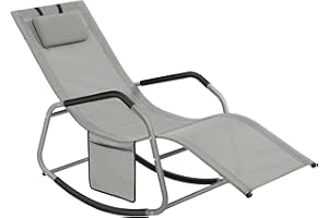 SONGMICS Rocking Chair, Outdoor Lounger Recliner with Anti-Tipping Stops, Adjustable Headrest, Steel Frame, Breathable Fabric, Storage Pocket, Deck Garden, 156.2 x 97.3 x 151 cm, Dove Grey GCB230G01