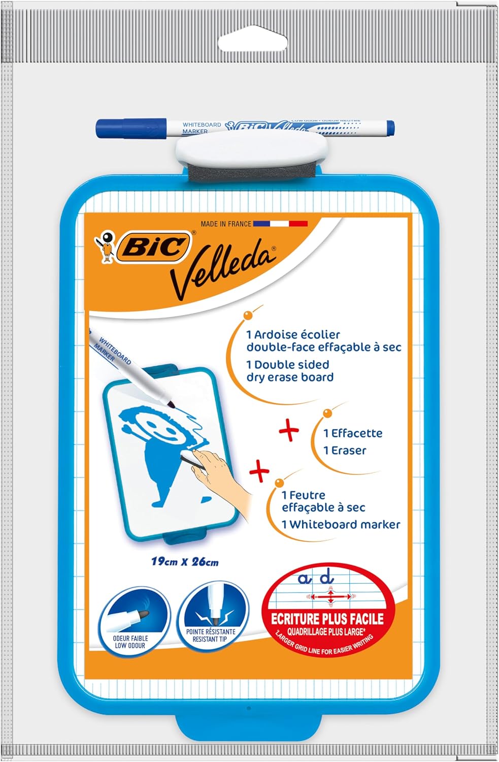 BIC Velleda Ardoise Ecolier Double Face (19 x 26 cm) Effaçable à Sec avec Feutre Bleu Effaçable à Sec et Effacette - Turquoise, Lot de 1